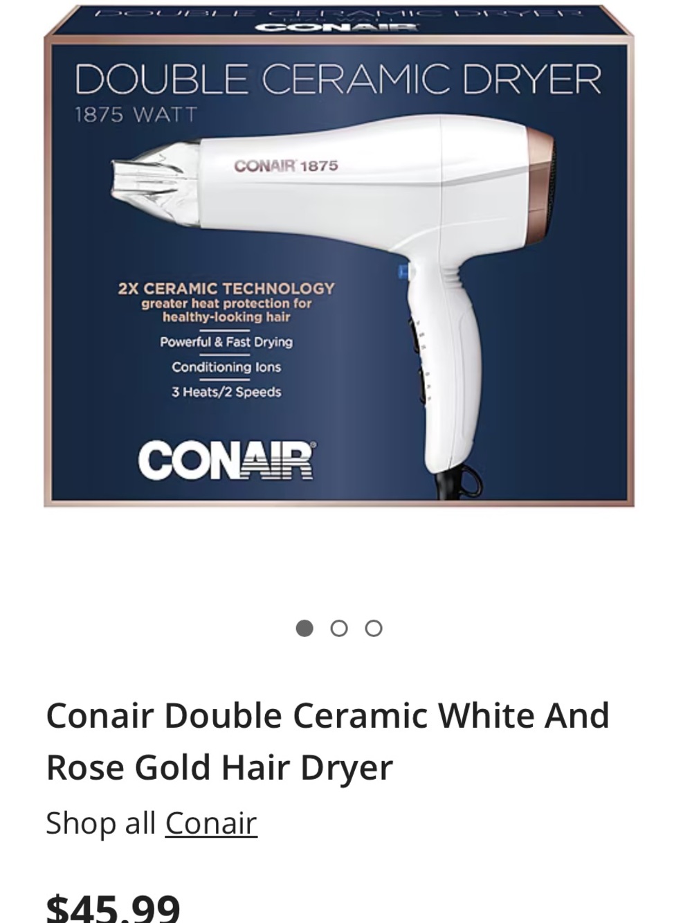 Conair Double Ceramic Hair Dryer — White with Rose Gold Accents